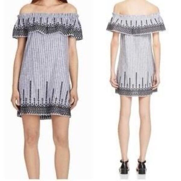 Parker Women Blue White Black Stripes Linen Blend Off the Shoulder Mini Dress XS - Picture 3 of 12